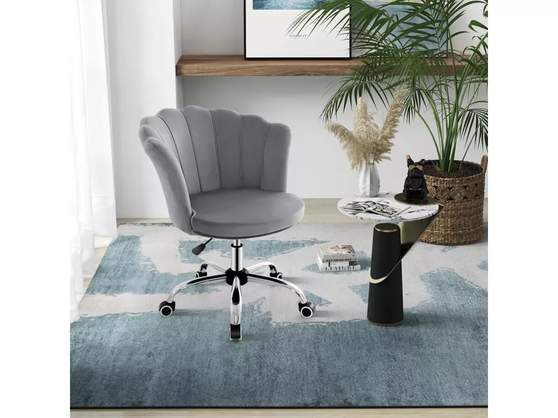 Fauteuil de Bureau en Velours avec 5 Roues Universelles, Chaise de Coiffeuse avec Hauteur Réglable, Chaise Salon Rembourrée Pivotante, Forme de Coquillage, pour Salon, Chambre, Bureau (Gris)