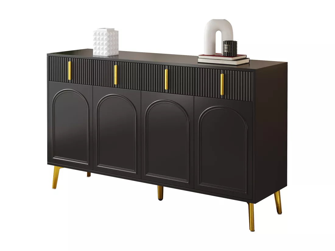 Buffet noir 4 portes 4 tiroirs avec poignées et pieds dorés 140*37,8*82cm CHADDANS