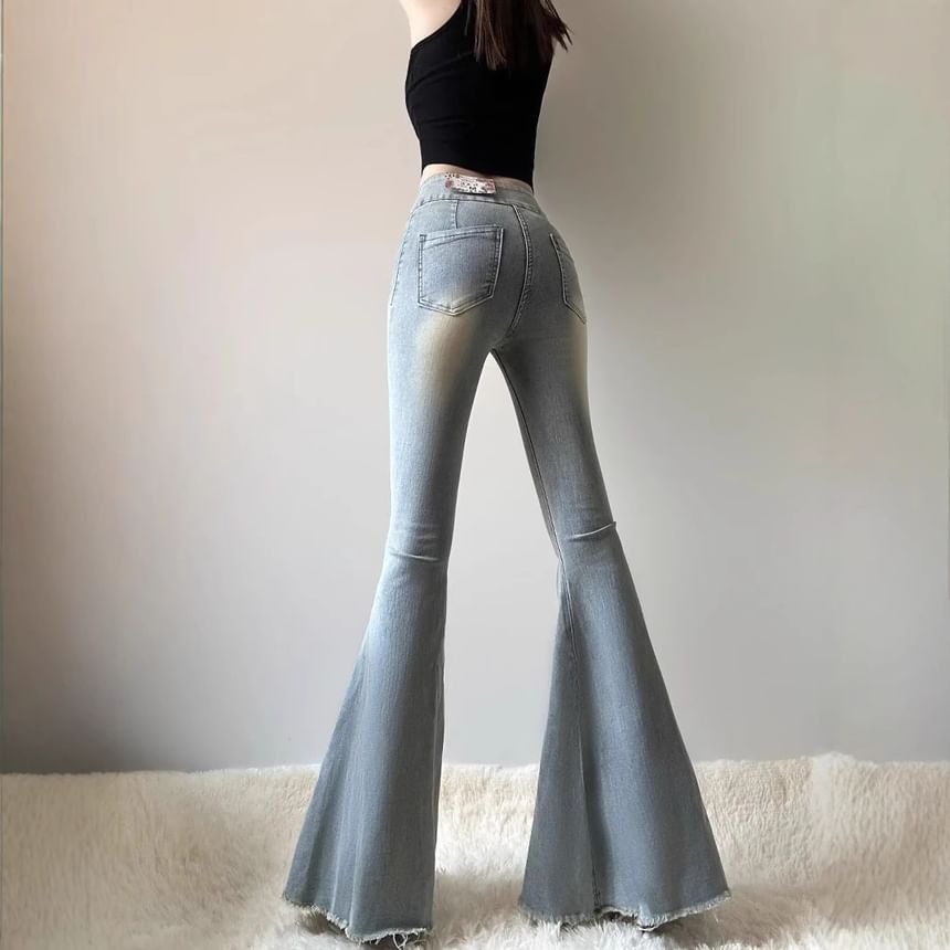 Horrysonie - High Rise Frayed Washed Bell Bottom Jeans