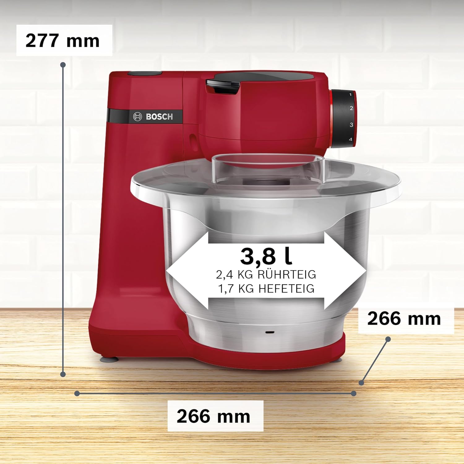 Bosch Küchenmaschine Serie 2, kleine Küchenmaschine, Edelstahl-Schüssel 3,8 L, Knethaken, Schlag-, Rührbesen Edelstahl, Durchlaufschnitzler, 3 Scheiben, 700 W, rot, MUMS2ER01