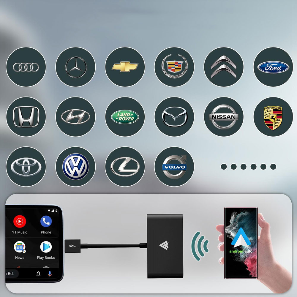 Bluetooth Android Auto KFZ Carplay USB A Adapter mit USB C Aufsatz für Android Smartphones (Google Assistant) - Schwarz