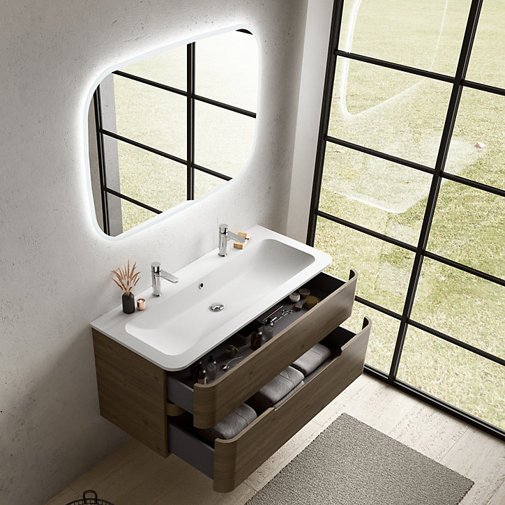 Ensemble salle de bains L. 119 cm meuble sous vasque décor noyer + plan vasque blanc mat Alba