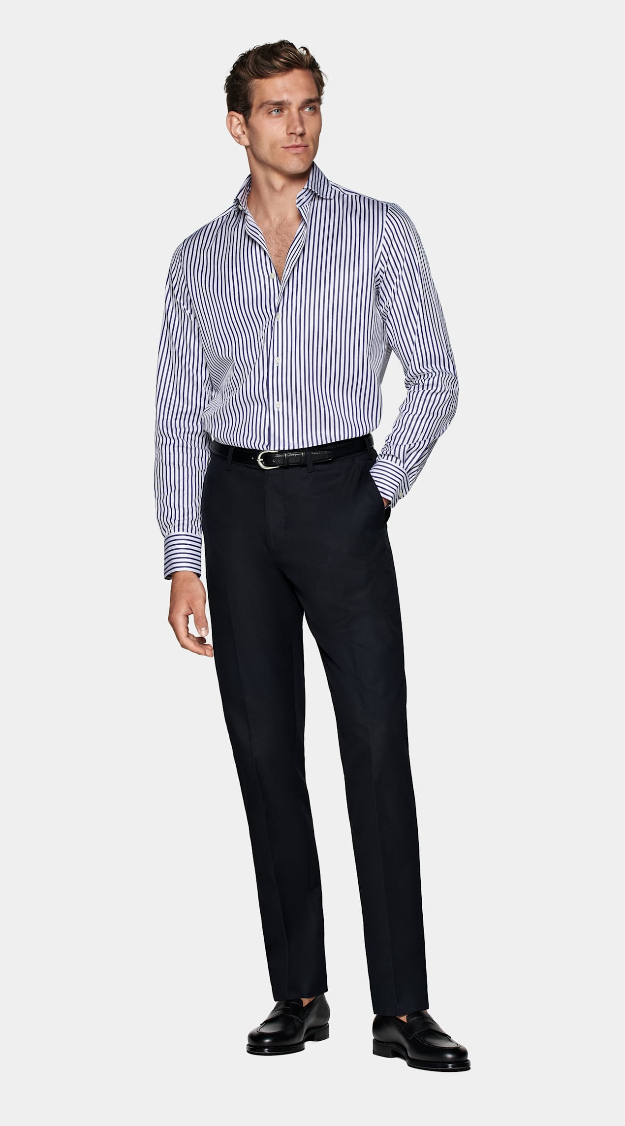Chemise coupe ajustée en twill bleu marine à rayures