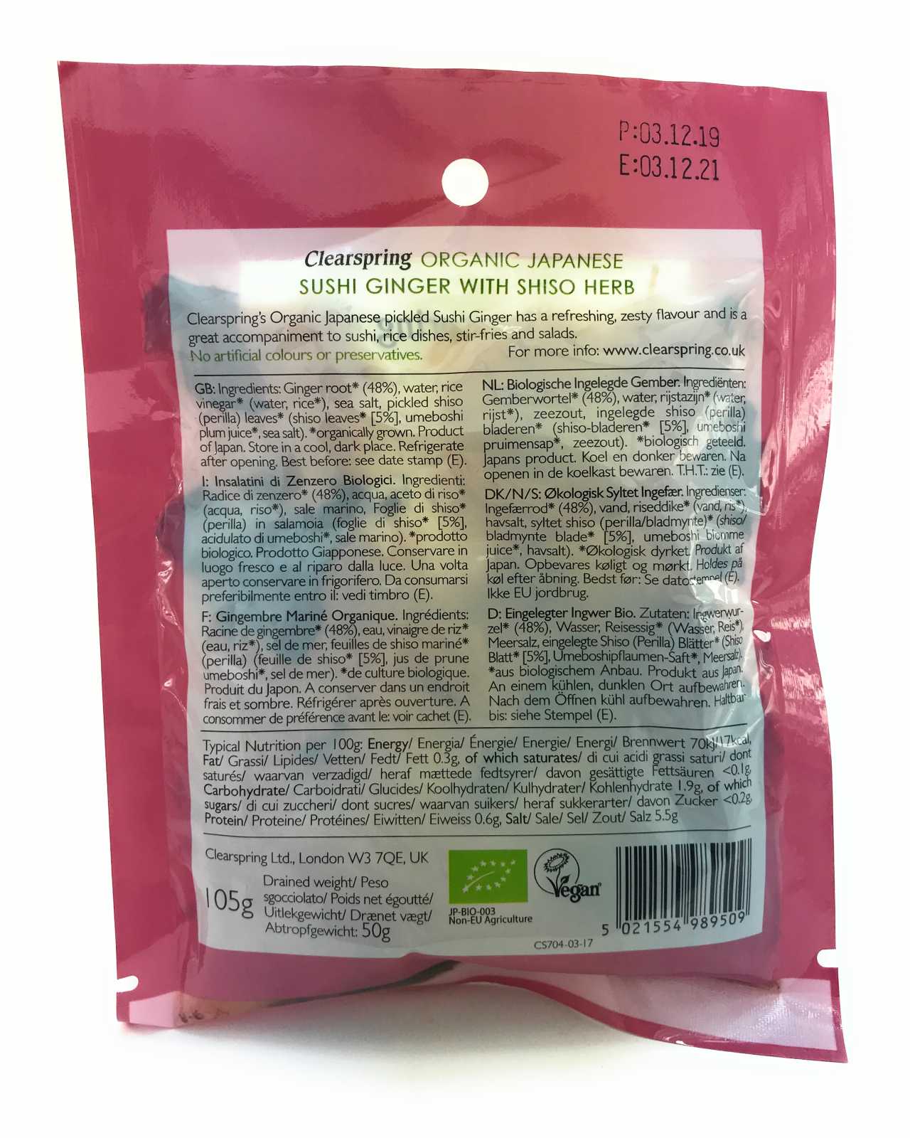 Gengibre em conserva orgânico Clearspring Wholefoods para sushi 50g