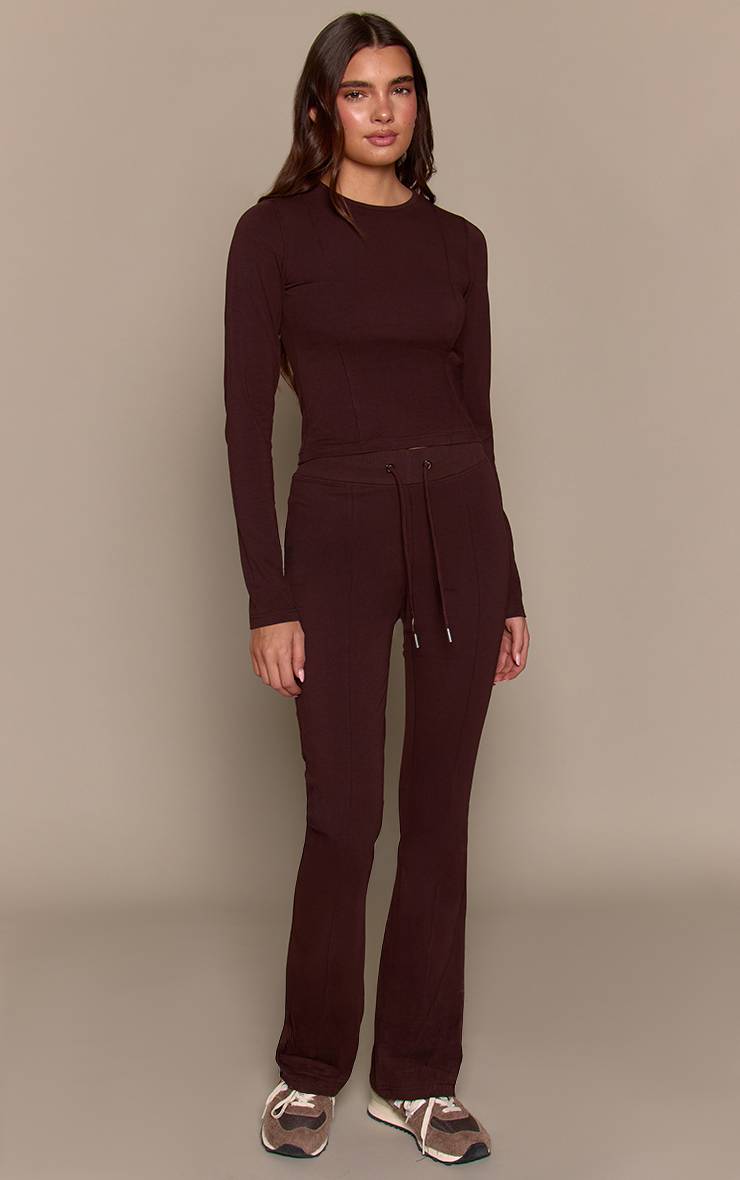 Marron Foncé Pantalon Évasé Skinny Taille Mi-haute En Coton Avec Détails De Coutures Coordonné