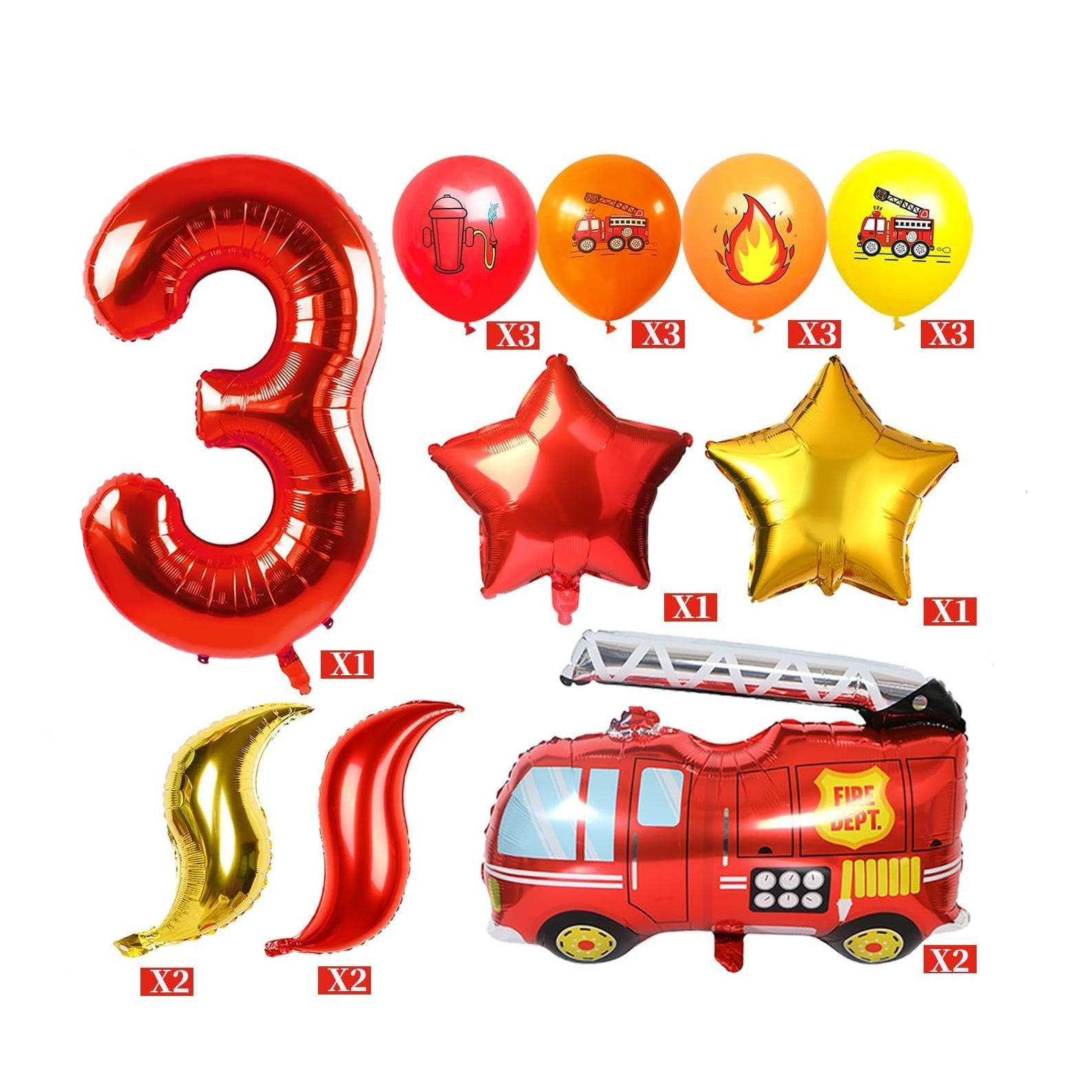 (21-tlg. Set) Zahlen Ballon Kinder Geburtstags Party Folienballon inkl. Latex Luftballons - Zahl 3 / Feuerwehr