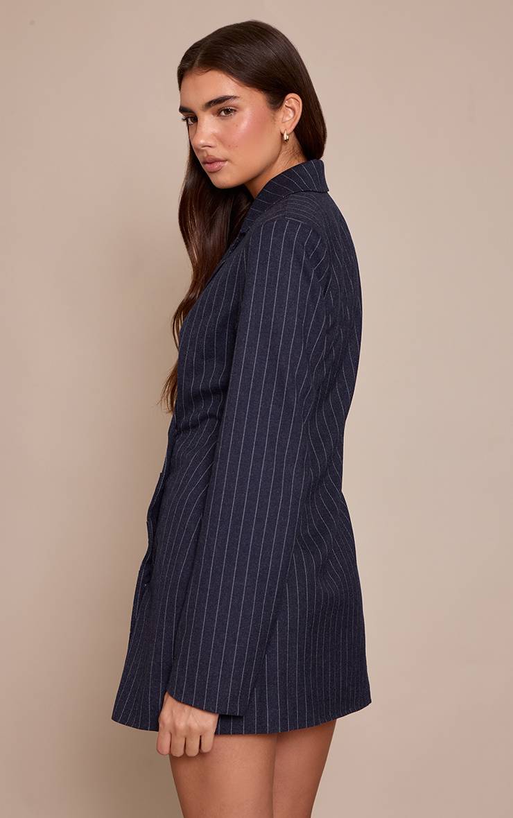 Bleu Marine Robe Blazer À Rayures Fines Avec Détail Plissé