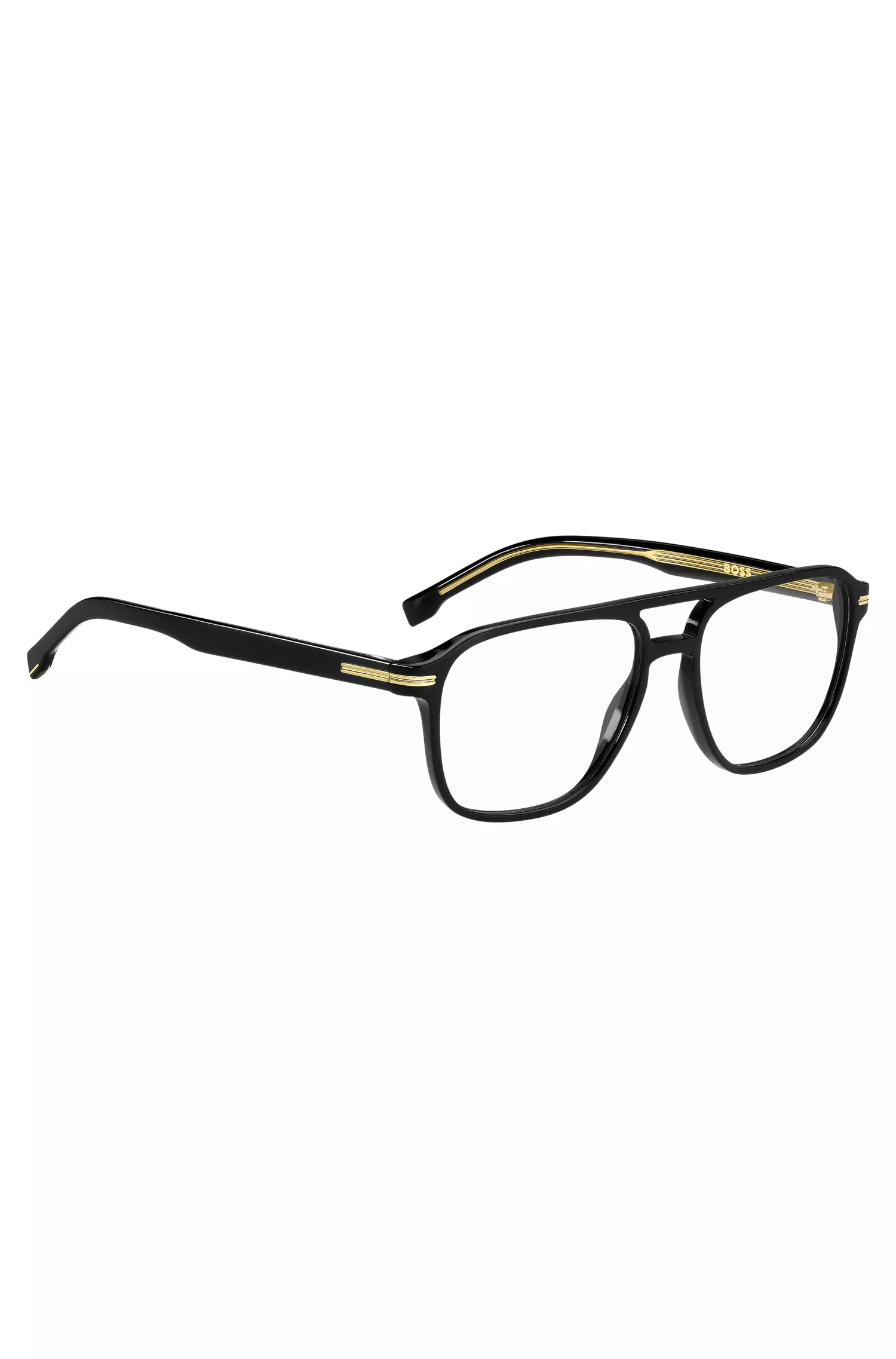 Armação de óculos BOSS em acetato preto com detalhes dourados exclusivos.