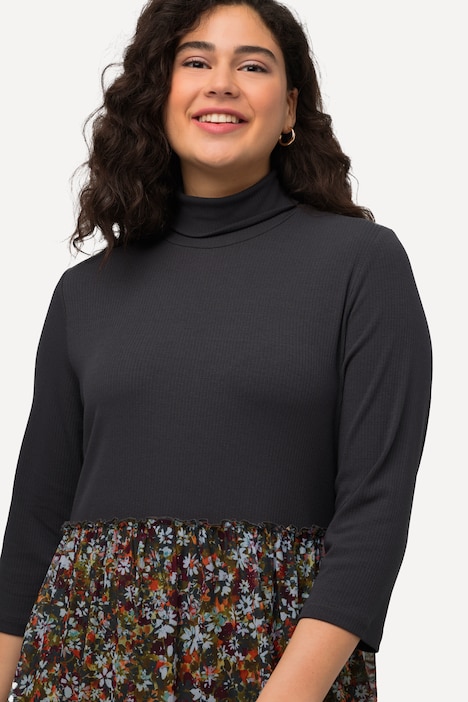 Midikleid, A-Linie, Rippjersey, Mesh, Stehkragen, 3/4-Arm