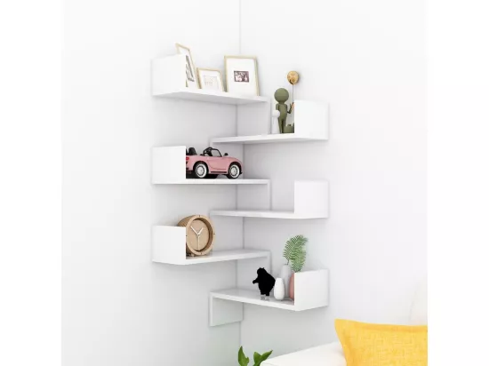 Étagères murales d'angle 2 pcs Blanc brillant Bois d’ingénierie