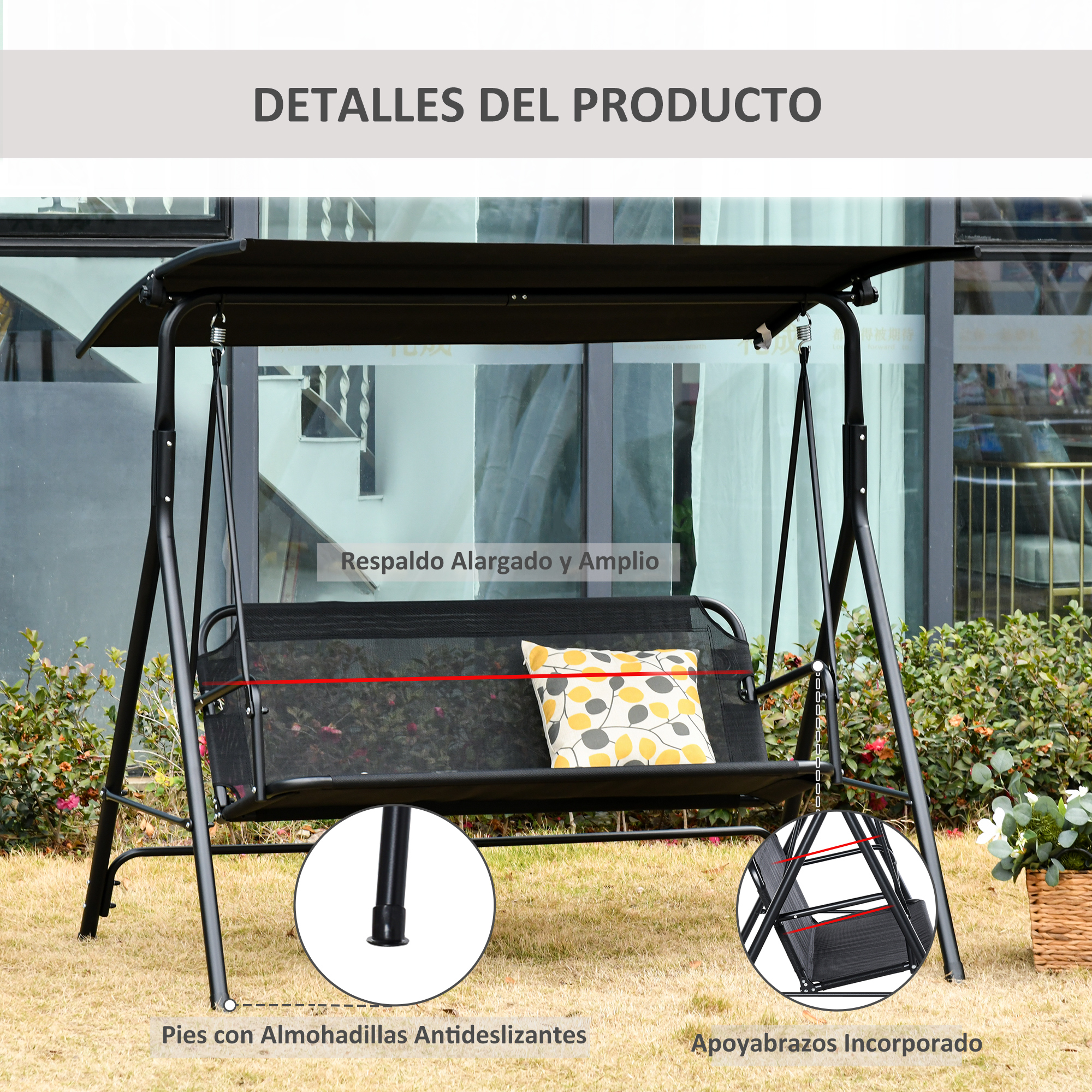 Cadeira de balanço de jardim Outsunny para 2 pessoas com cobertura ajustável em ângulo, ideal para pátio, varanda e uso externo. Capacidade de carga de 200 kg, dimensões: 172 x 110 x 155 cm, cor preta.