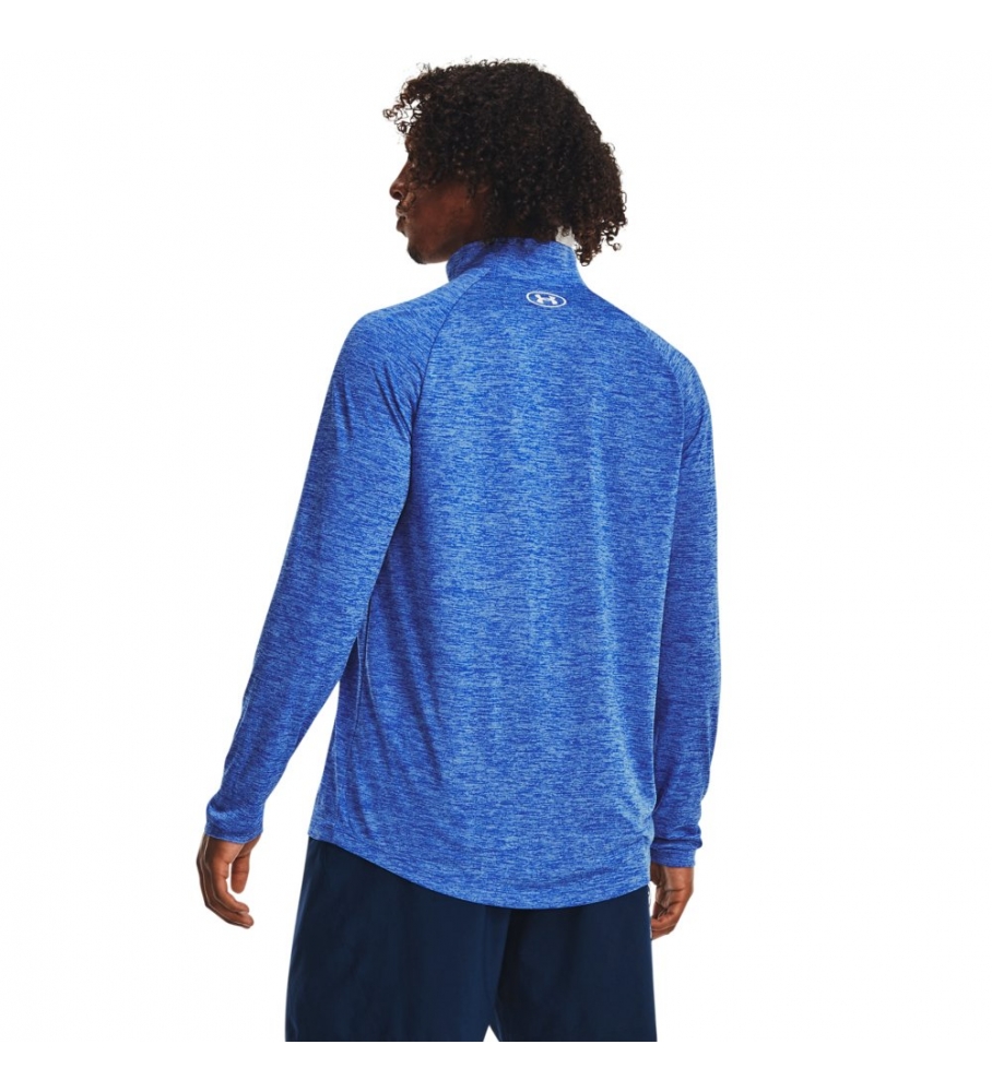 Camiseta de manga comprida Under Armour UA Tech com zíper até a metade, azul.