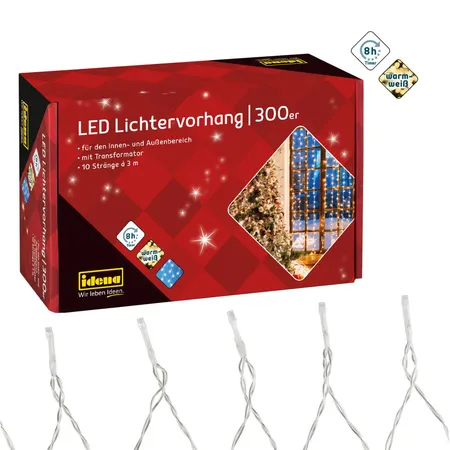 Idena 300er LED Lichtervorhang, 3 x 3 m, warmweiß, für innen und außen, mit Timer
