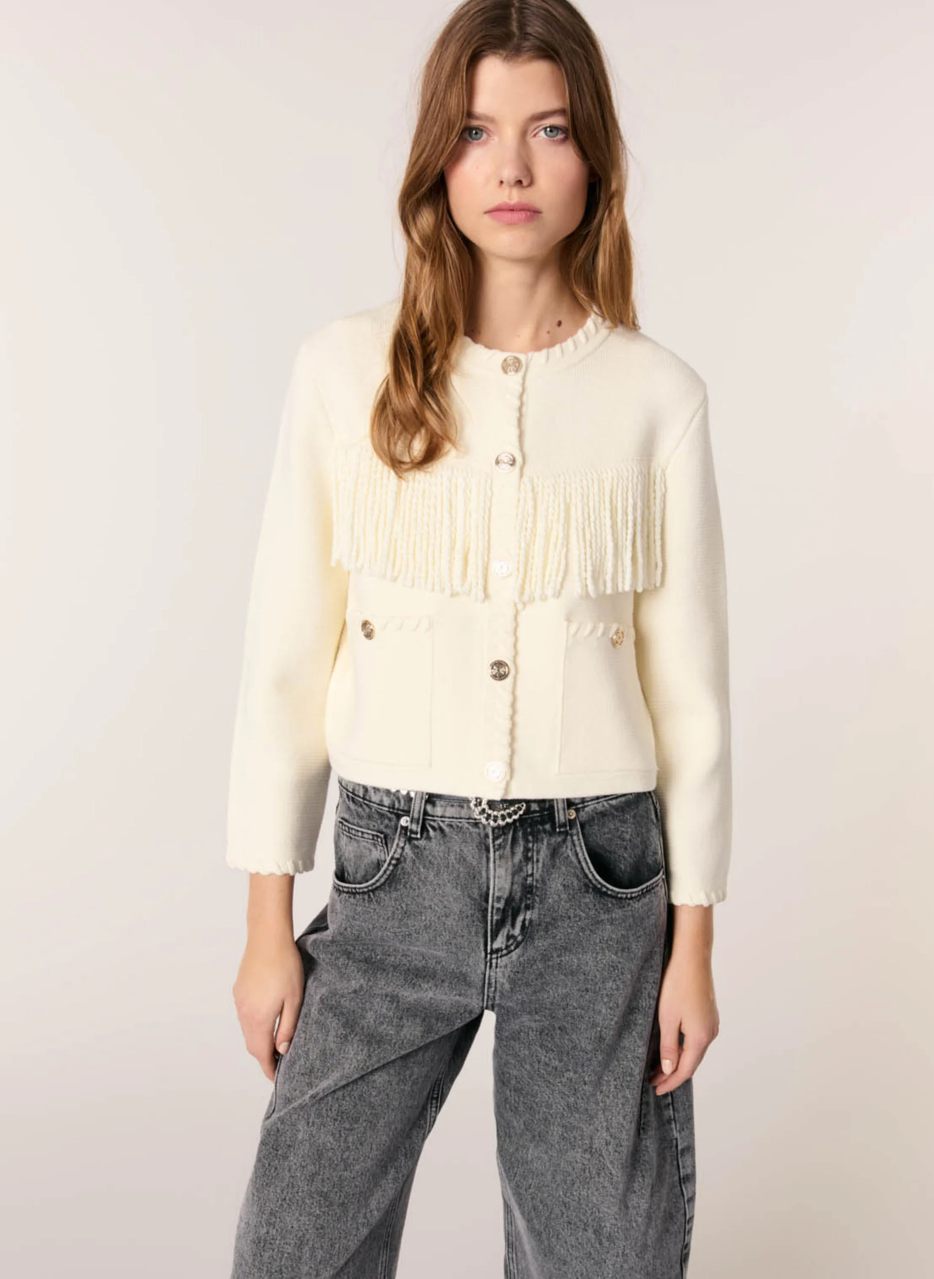 Cardigan col rond en coton mélangé | Beige