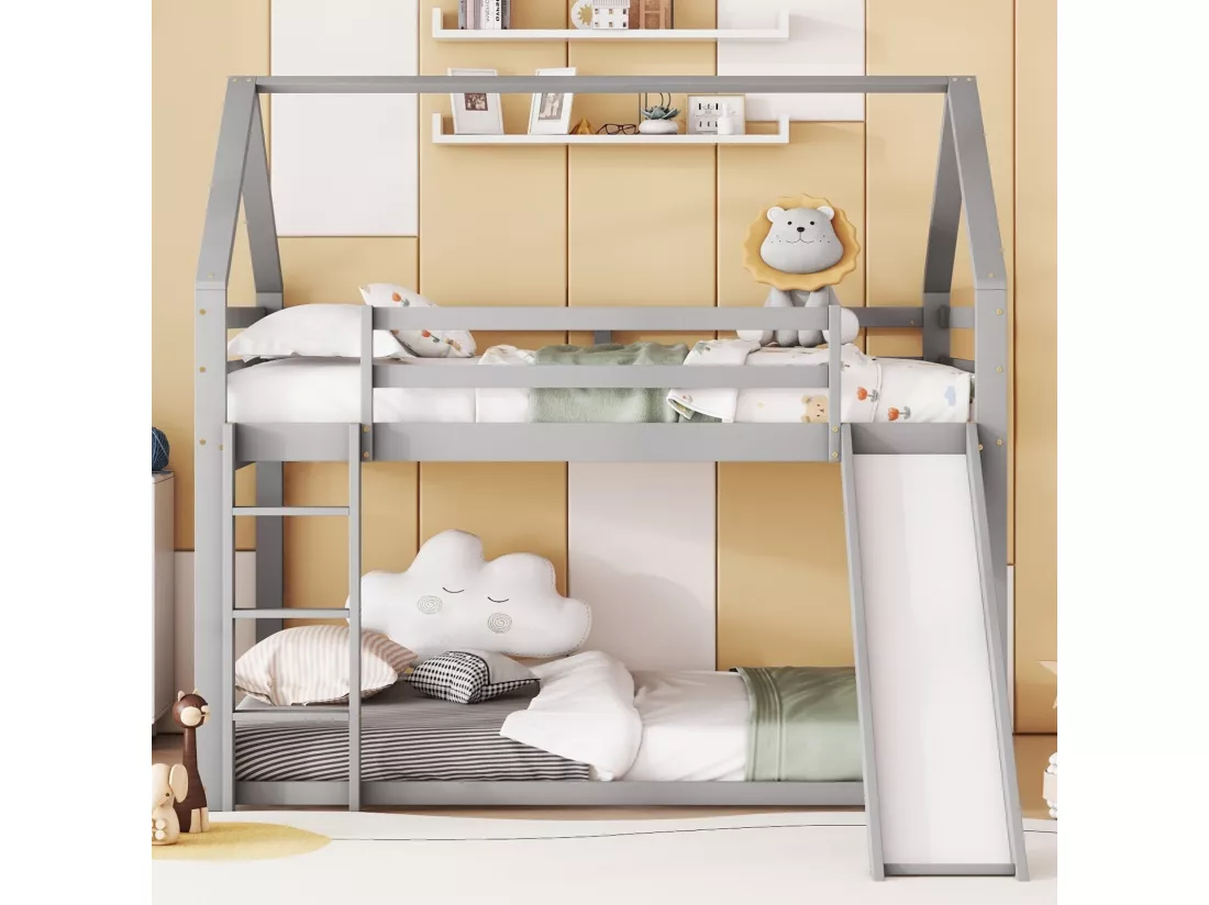 Lit superposé cabane avec toboggan - 140x200cm - Pin massif + MDF - lit pour enfants - Blanc