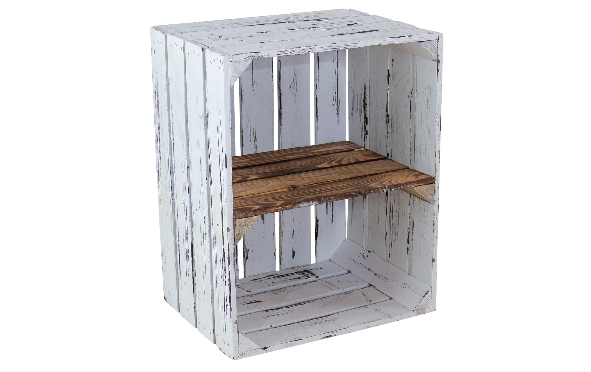 Holzharasse mit Zwischenboden Weiss, geflammtRegalkiste mit Tablar