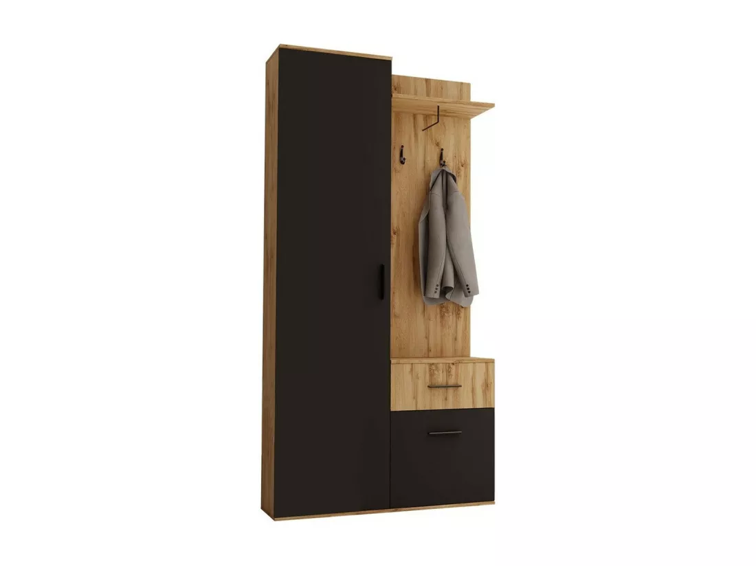Meuble d'entrée Stanton 141, 195x97x28cm, Noir|Chêne wotan, Stratifié, À poser