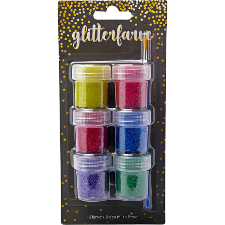 6 x 20ml glitterfarve + pensel