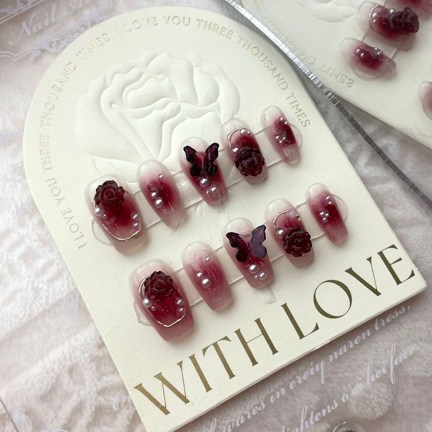 eovda - Butterfly Rose Faux Pearl Press On Nail