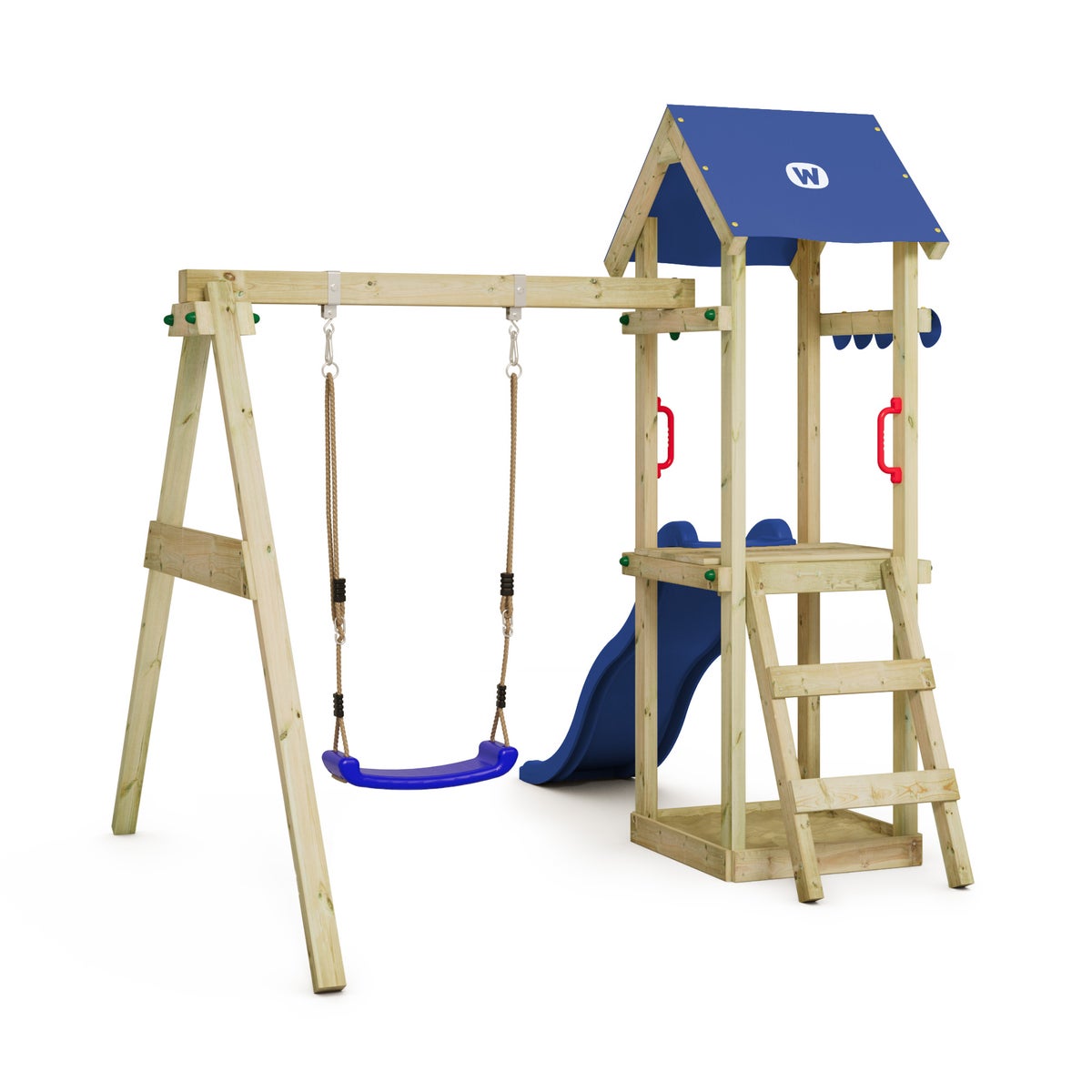 WICKEY TinyWave Speeltoren Klimrek met Schommel en Glijbaan, Klimtoren met Zandbak, Ladder en Speelaccessoires - Blauw