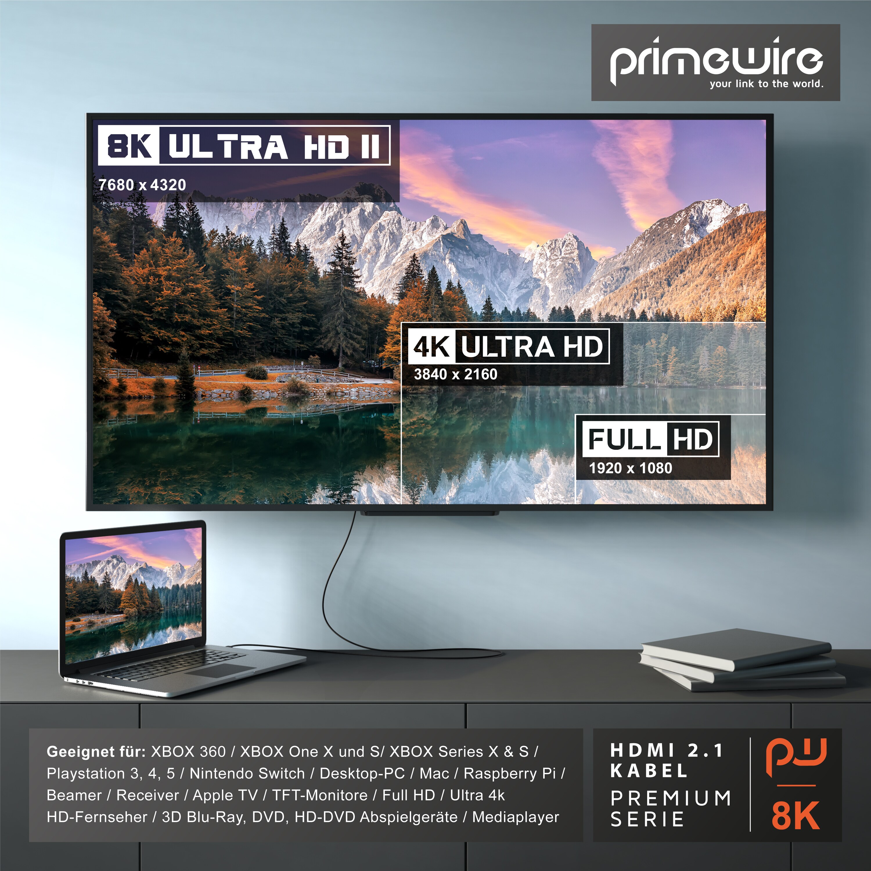 Primewire 8k HDMI Kabel 2.1 - 8K @ 120Hz 4K @ 240Hz mit DSC, HDMI 2.0a 2.0b, 3D, Highspeed Ethernet, HDTV UHD II, HDR-10+ - eARC, VRR, Dolby Vision - 0,5m