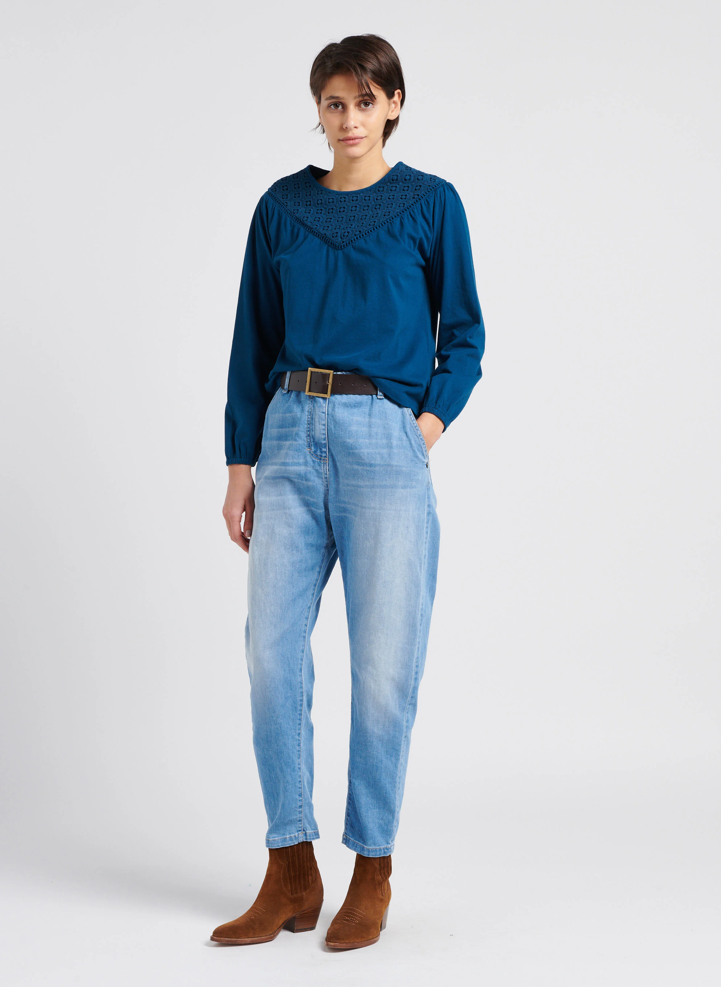 Jean droit en coton mélangé| Bleu