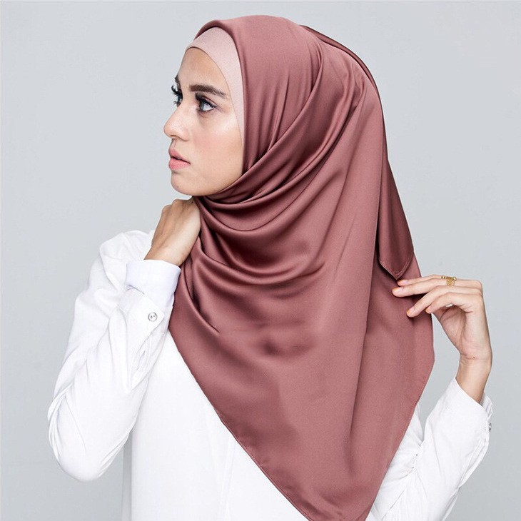 (90x90cm) Satin Kopftuch Damen Schal Hijab Wickeltuch Blumen Print - Rosa