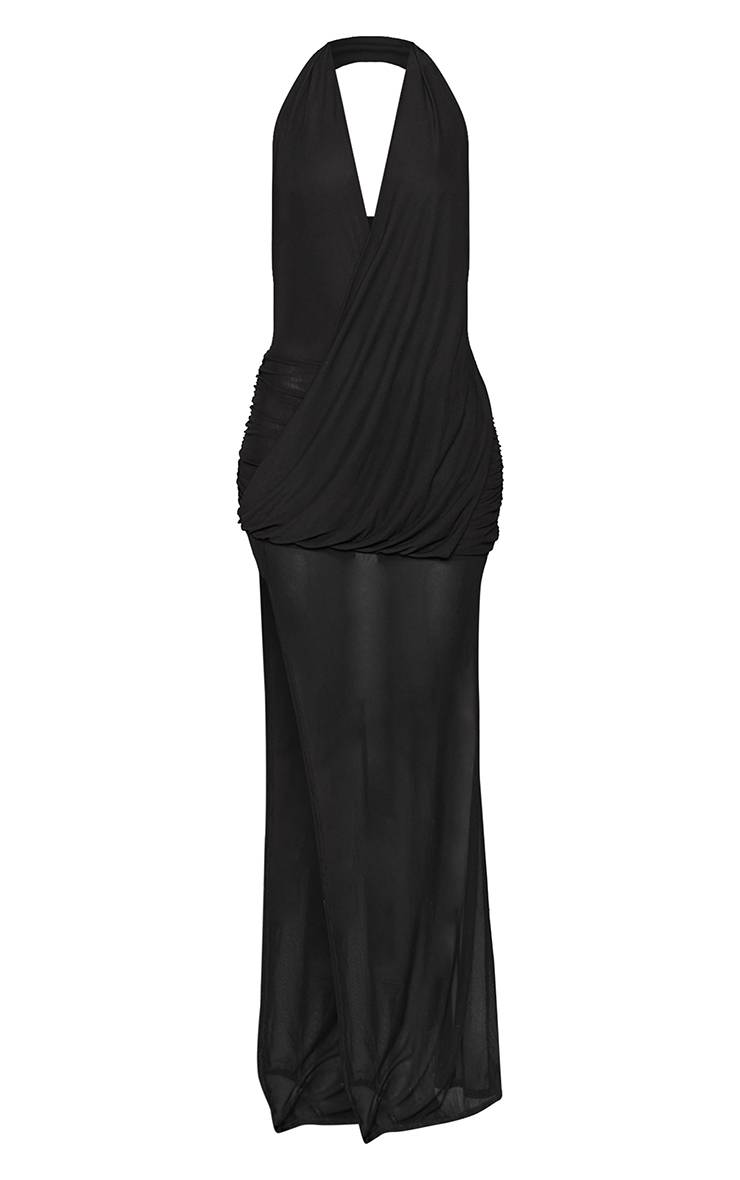 Noir Robe Longue Drapée En Mesh À Décolleté Plongeant Extrême Pour Grandes Tailles