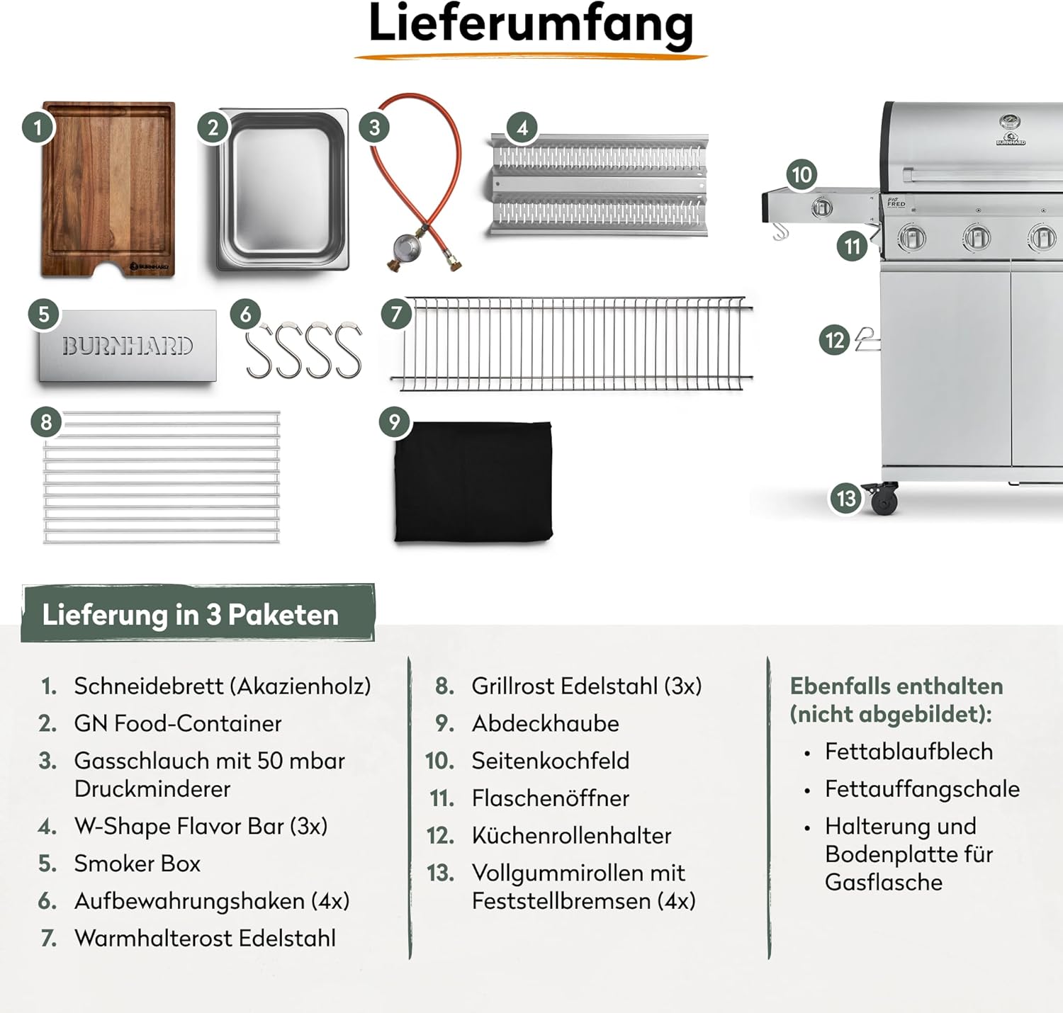 BURNHARD® Gasgrill 3-Brenner inkl. BACKBURNER, 900°C Infrarot-Keramikbrenner, Seitenkochfeld, Edelstahl-Grillrost, Grillabdeckung, Edelstahl-Grillwagen, klappbare Seitentische – FRED Deluxe