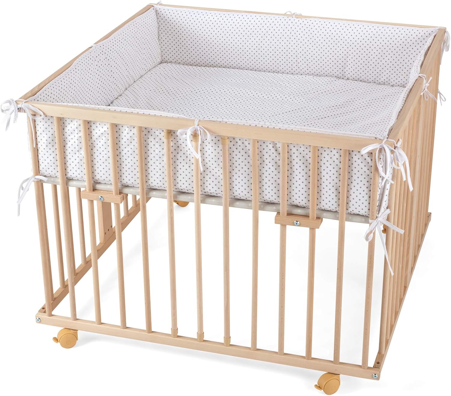 WALDIN - Parc pour bébé - environ 100 x 100 cm, HÊTRE MASSIF, réglable en hauteur, 2 motifs au choix, naturel non traité, couleur du tissu blanc/points gris