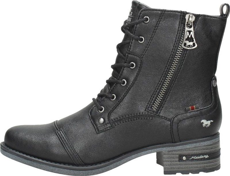 Mustang - Dames Veterboot - Zwart - Imitatieleer - Blokhak 4 cm