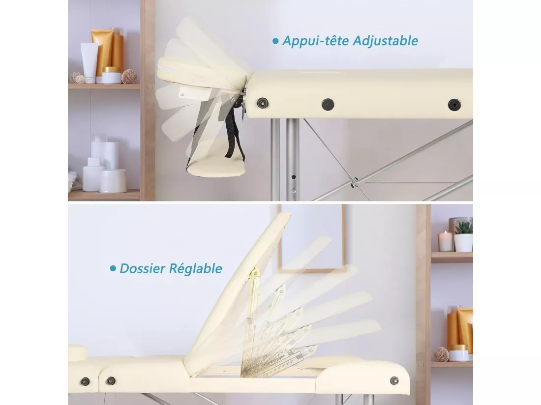 Table de massage Canapé Pliante Aluminium 3 Zones Lit Professionnel Cosmétique Esthetique Hauteur Réglable avec Housse de Transport - Beige