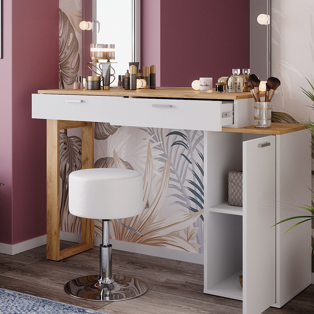 Vicco Schminktisch Regina Weiß Eiche 130 cm mit Beleuchtung und Hocker