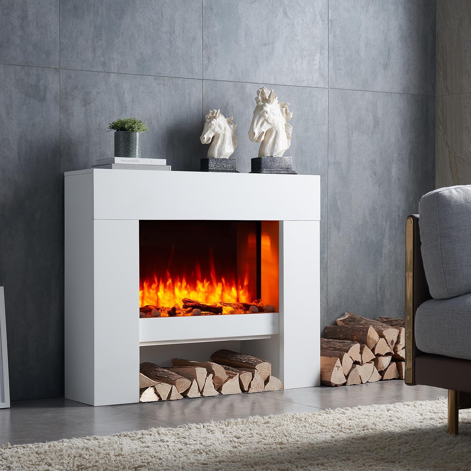BALDERIA Elektrokamin Naran | Elektrischer Standkamin mit 3D-Flammeneffekt | Elektro Heizung 2000W, LED-Beleuchtung | Kamin mit Fernbedienung, Timer, Startsteuerung & Thermostat | Weiß