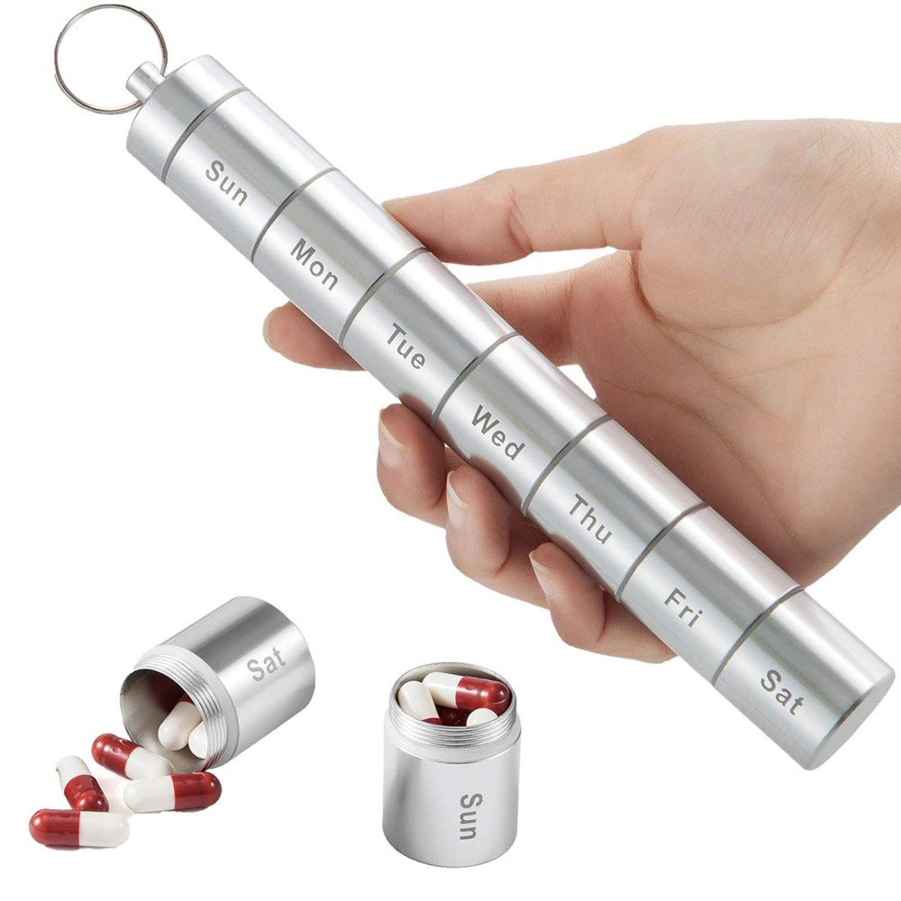 (180x25mm) Metall Medikamenten Dosierer 7 Tage Dosett Tablettenbox Supplements Pillendose Schlüsselanhänger -  Silber