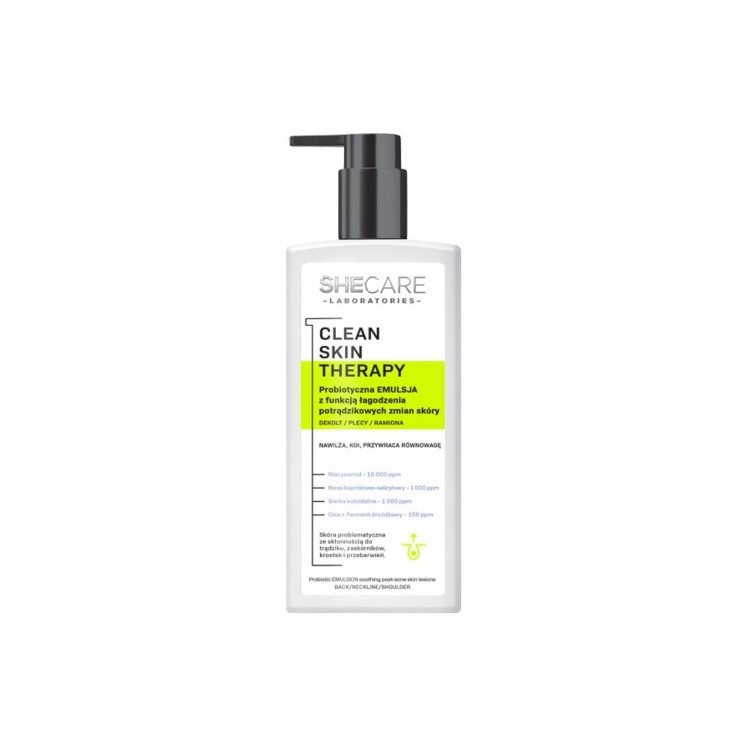 SheCare Clean Skin Therapy Probiotische Körperemulsion mit der Funktion, Hautläsionen nach Akne zu lindern, 225 ml