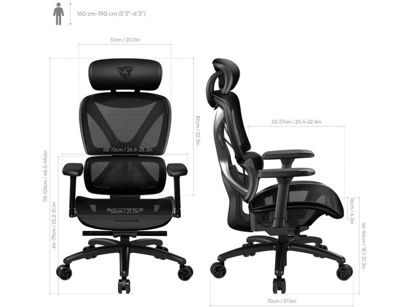 ThunderX3 Bürostuhl XTC-Mesh Schwarz Ergonomischer Bürostuhl