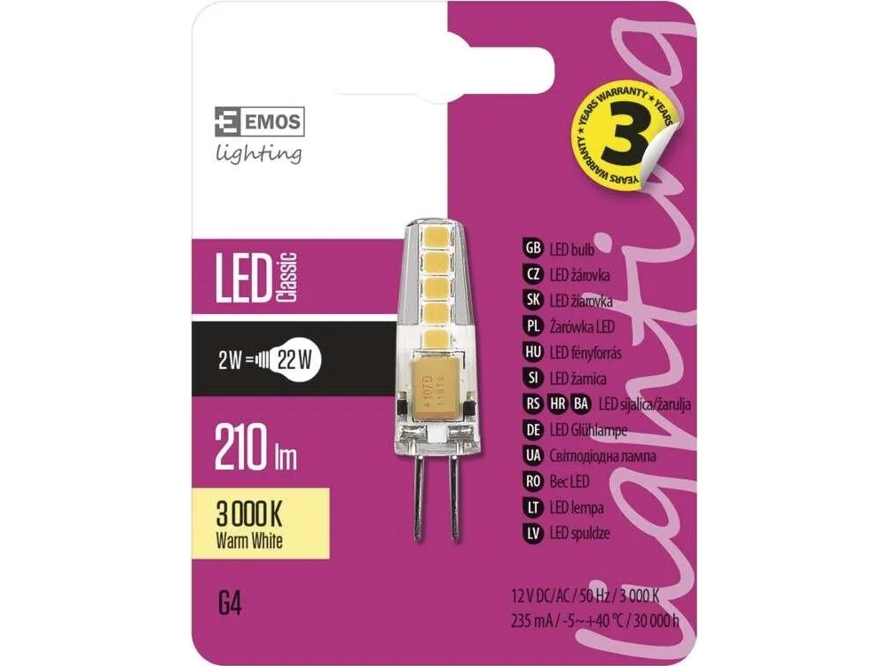 Emos ZQ8620, 2 W, 22 W, G4, 210 lm, 30000 t, Varm hvid
