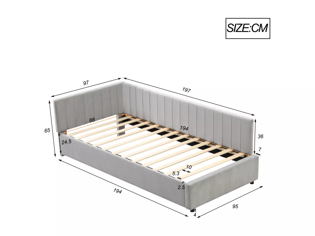 Lit gigogne capitonné 90x200cm, canapé-lit, sommier à lattes, lit simple, velours, Gris