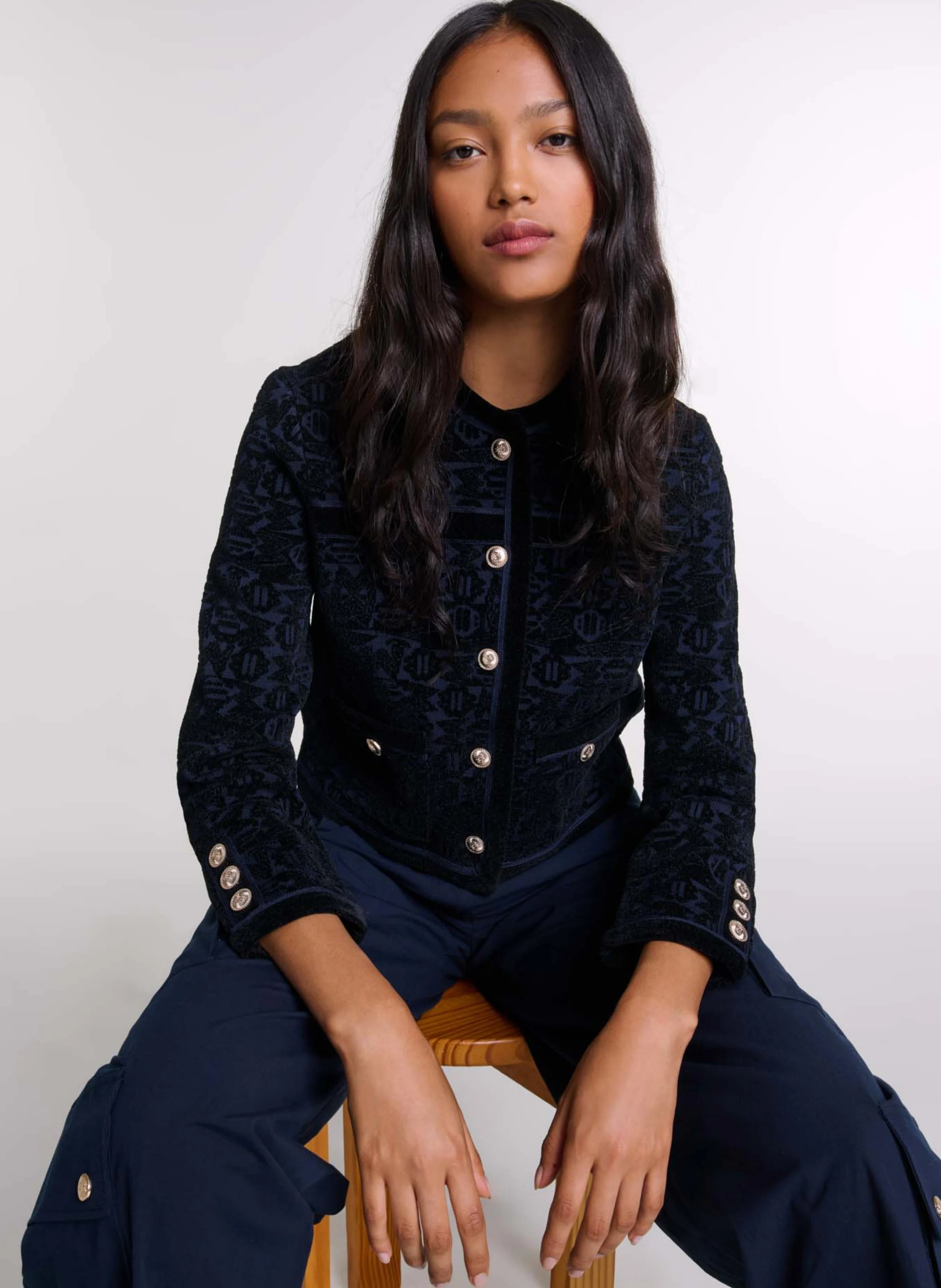 Cardigan col rond droit en jacquard imprimé | Noir