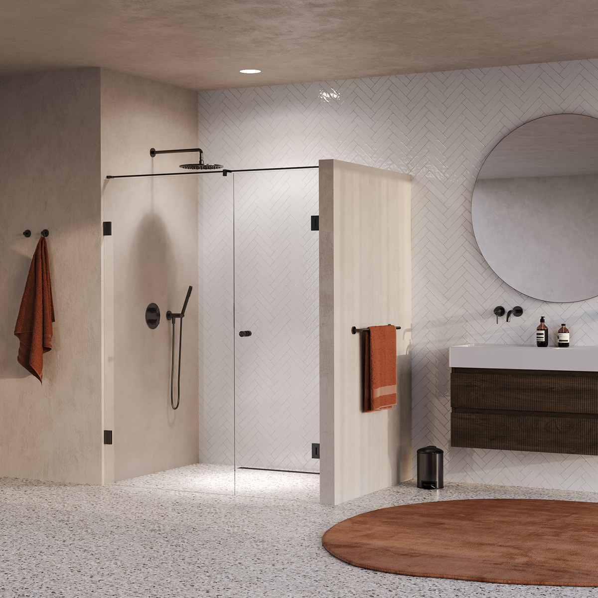 Brauer Void Carving profielloze nisdeur 150cm met draaideur 70cm aan muur gunmetal geborsteld PVD