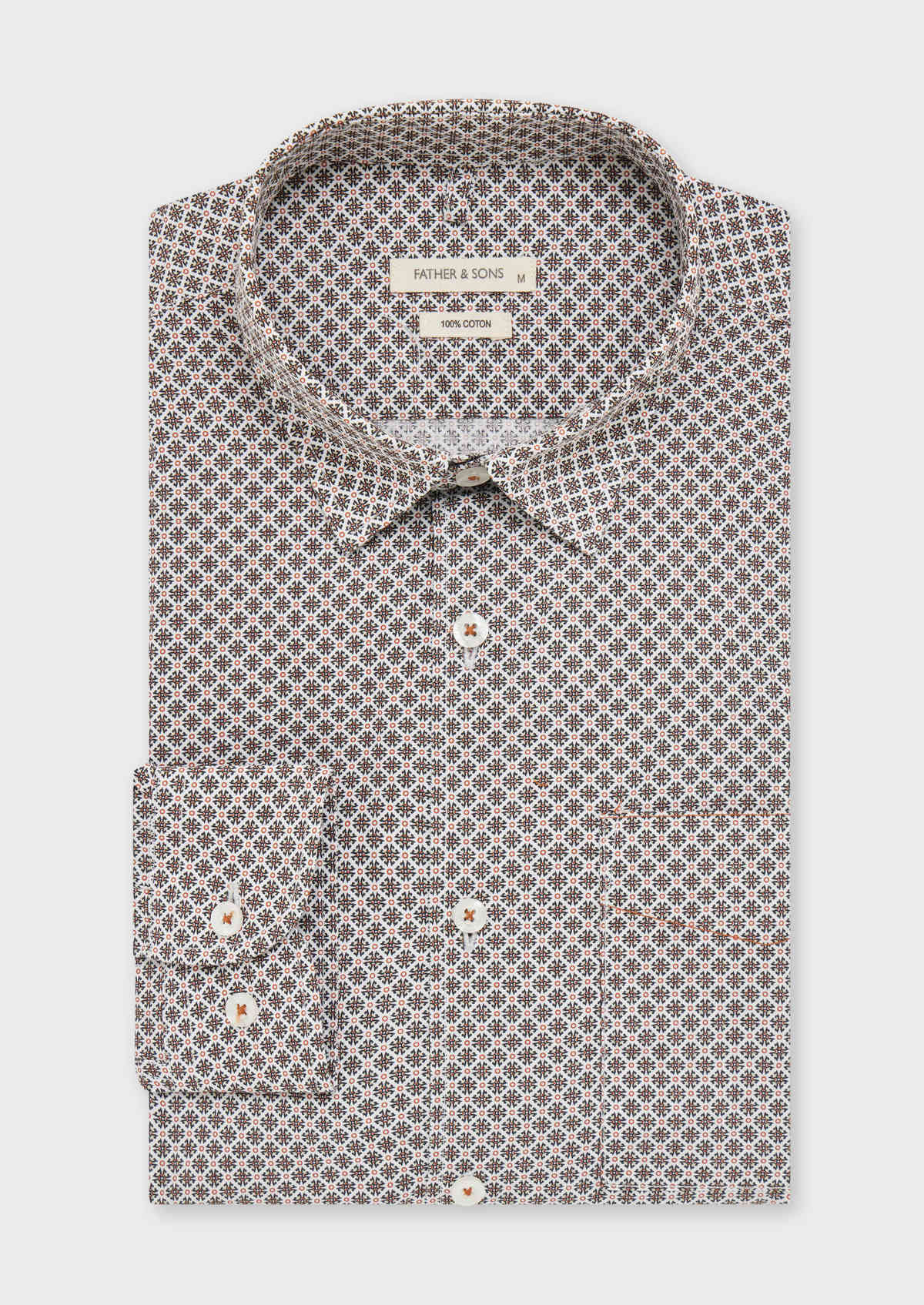 Chemise sport Slim en popeline de coton blanc à motif fantaisie noir et marron