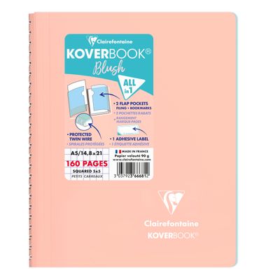 Clairefontaine Koverbook - Cahier polypro A5 - 160 pages - petits carreaux (5x5 mm) - disponible dans différentes couleurs pastels
