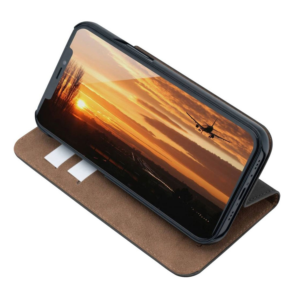 iPhone 13 Echtleder Bookcase Hülle Tegel (10752) - Schwarz