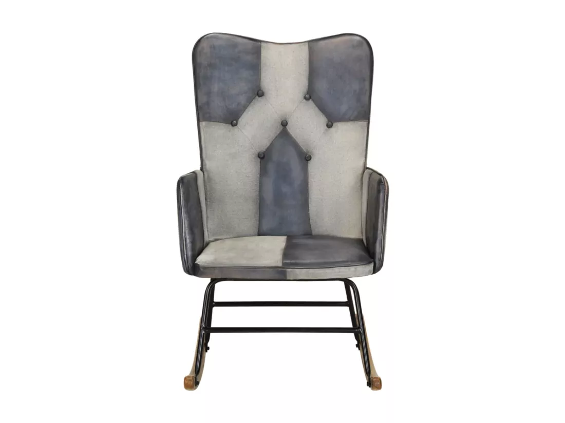Chaise à bascule Gris Cuir véritable et toile