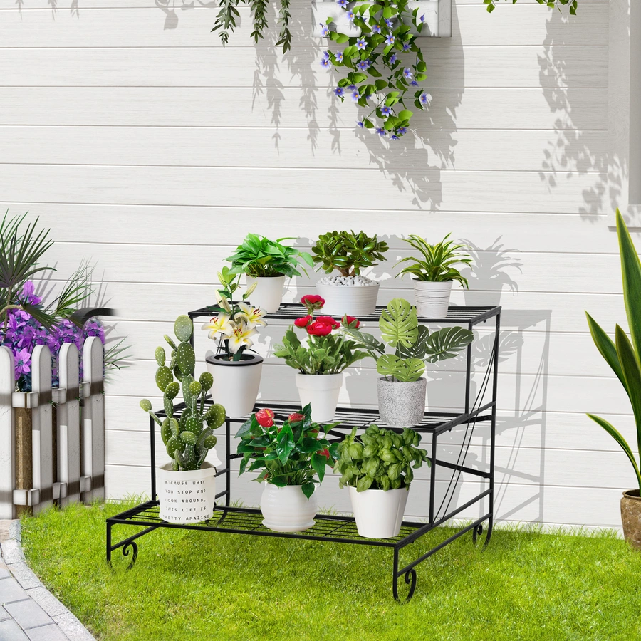 Outsunny Blumenregal mit 3 Stufen und Ornamenten schwarz