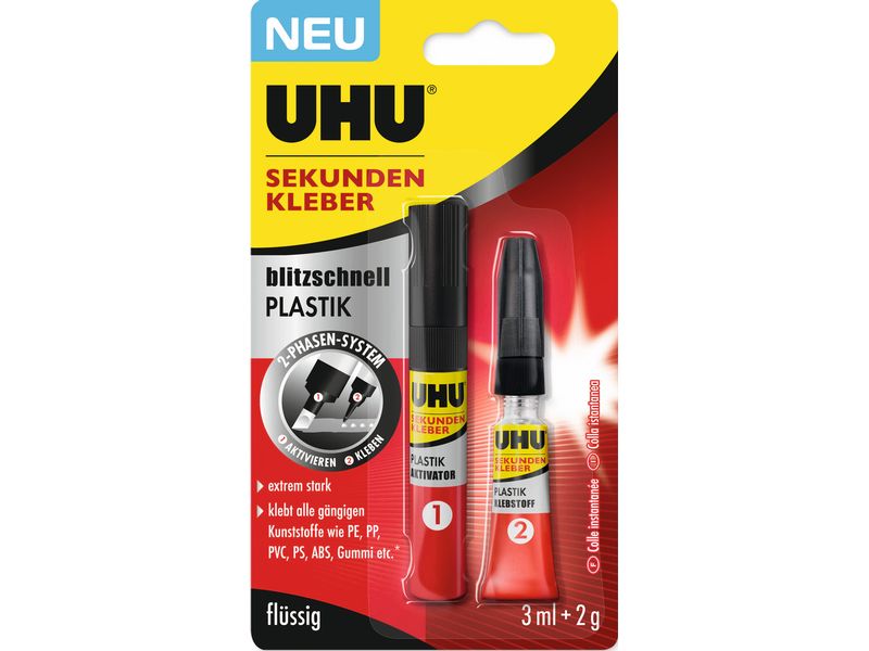 UHU Sekundenkleber blitzschnell Plastik 2 g   3 ml Plastikkleber mit Aktivator