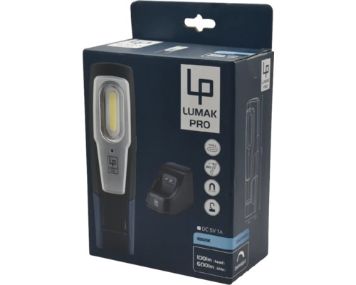 LUMAK PRO LED oplaadbare werklamp 250+600 lm laadstation USB-C LD4.5-1.8h 65K IP54 IK07