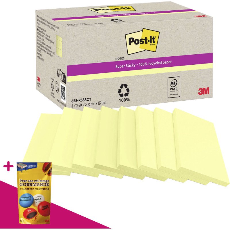 Notes repositionnables recyclées jaunes pastel Super Sticky Post-it - bloc de 70 feuilles = Pour l'achat notes repositionnables, 1 sachet de M&M OFFERT