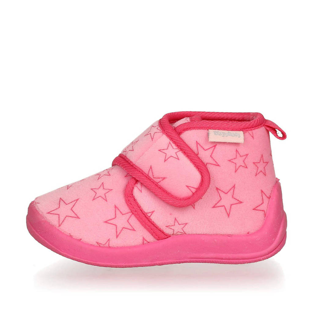 Playshoes pantoffels met sterrendessin Velcro roze/donkerroze